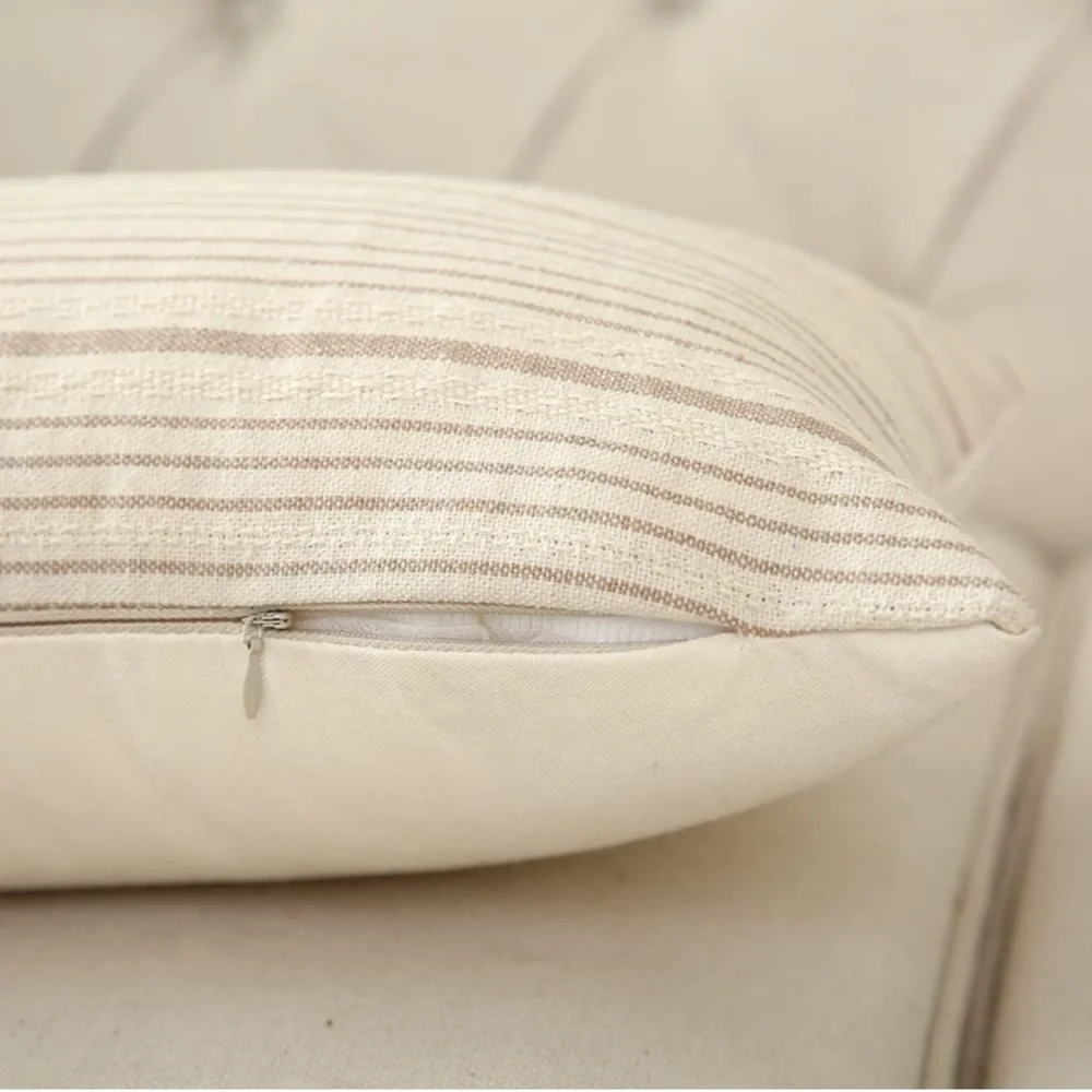 Luxury Home | Modern Farmhouse Beige Textured Linen Striped Throw Pillow Covers